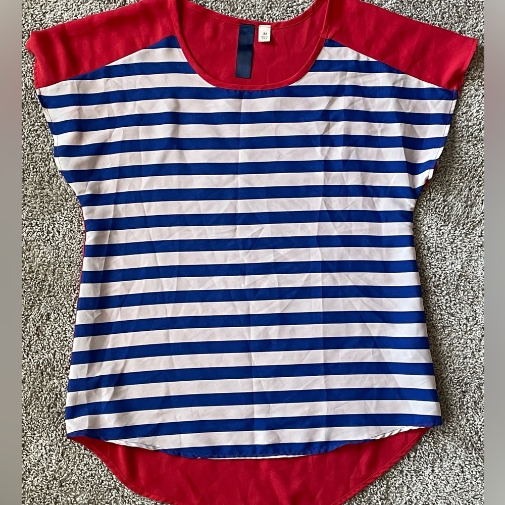 Women’s blouse Blue & White Striped Nautical Top with Red colorblock size medium - Picture 2 of 6